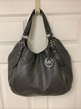 Michael Kors bedford gray pebbled leather satchel hobo purse bag